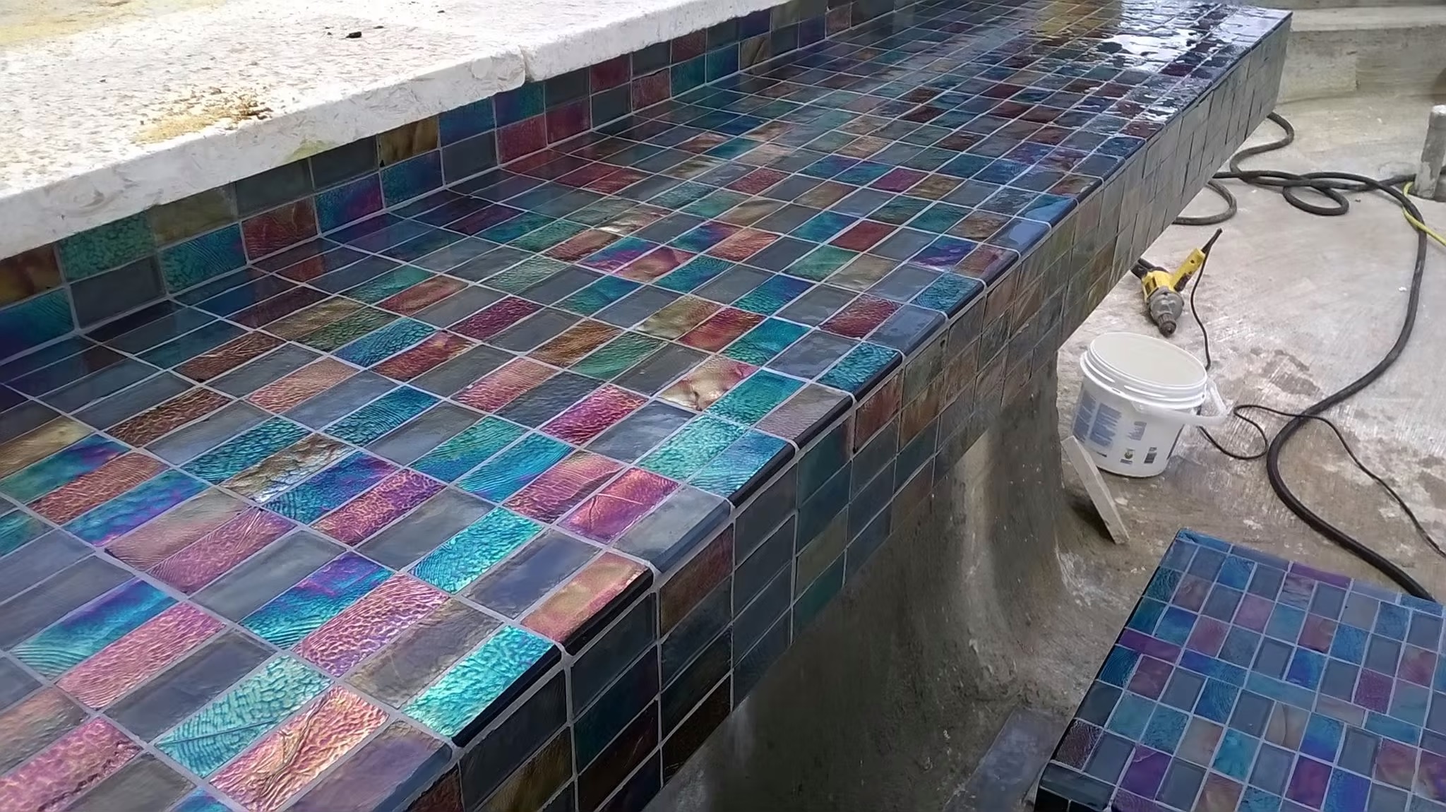 Mosaic Tile Pool Seats and Underwater Table by 318 Tile Pro Destin Florida